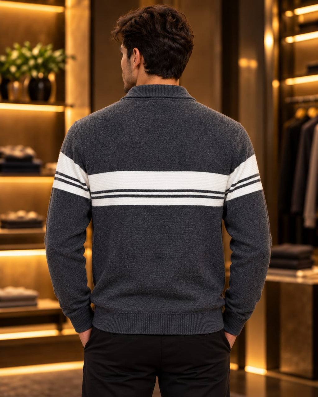 Men’s Textured Half-Zip Stripe Knit Sweater