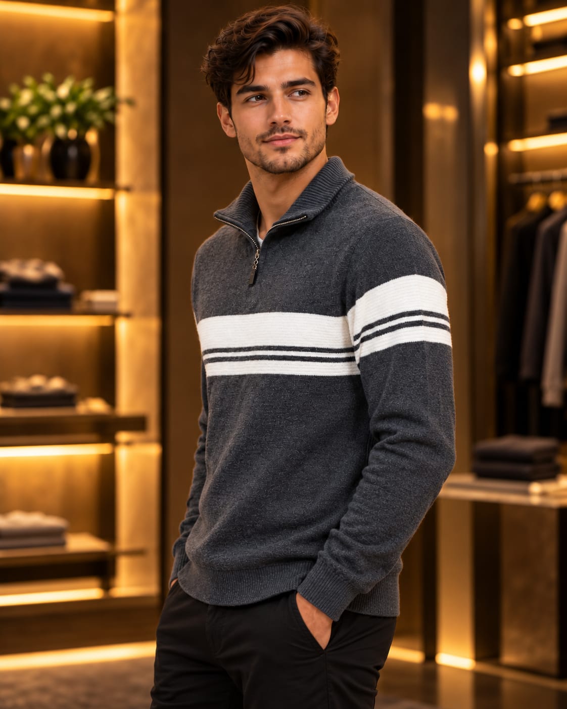 Men’s Textured Half-Zip Stripe Knit Sweater
