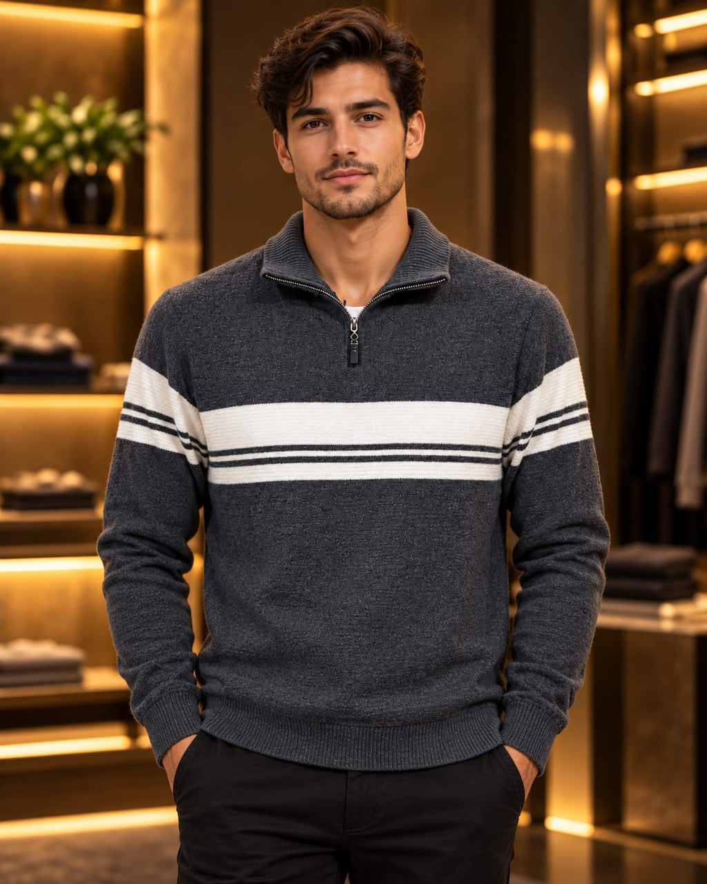 Men’s Textured Half-Zip Stripe Knit Sweater