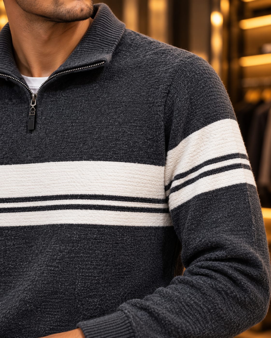 Men’s Textured Half-Zip Stripe Knit Sweater