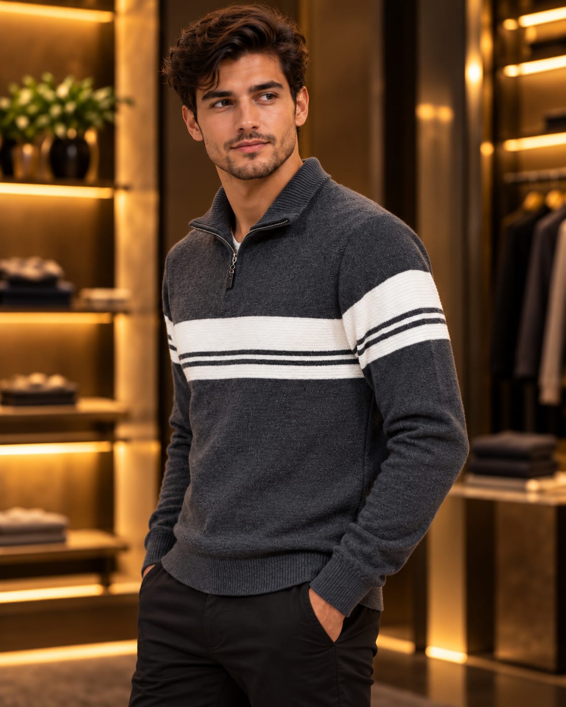 Men’s Textured Half-Zip Stripe Knit Sweater