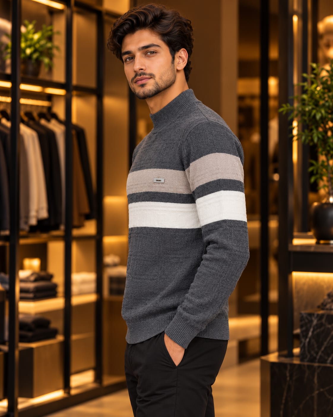 Men’s Mock Neck Color-Block Stripe Knit Sweater