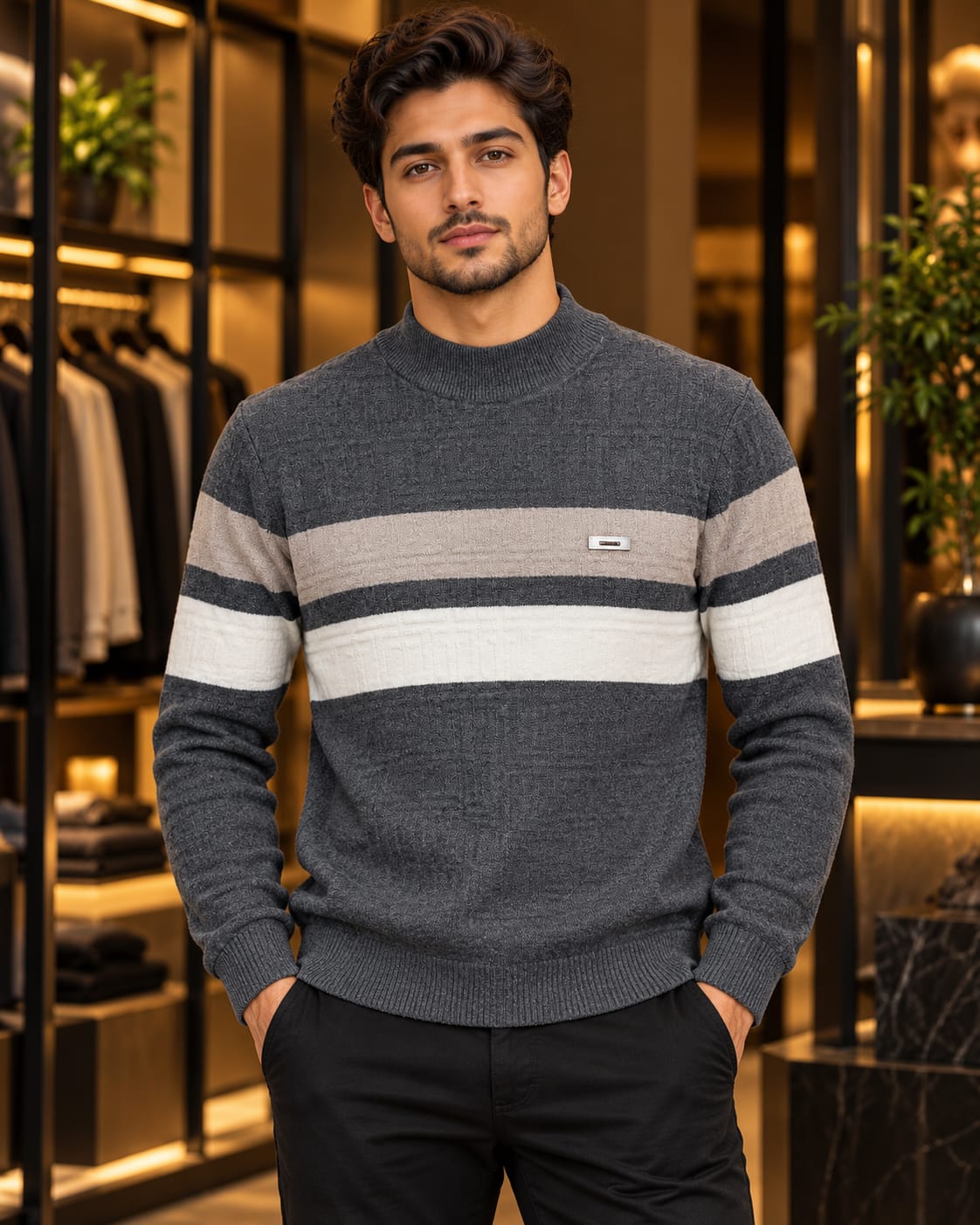 Men’s Mock Neck Color-Block Stripe Knit Sweater