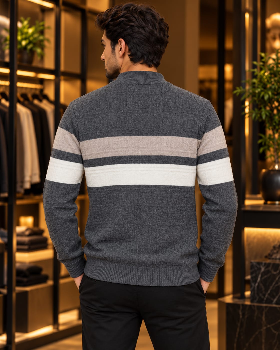 Men’s Mock Neck Color-Block Stripe Knit Sweater