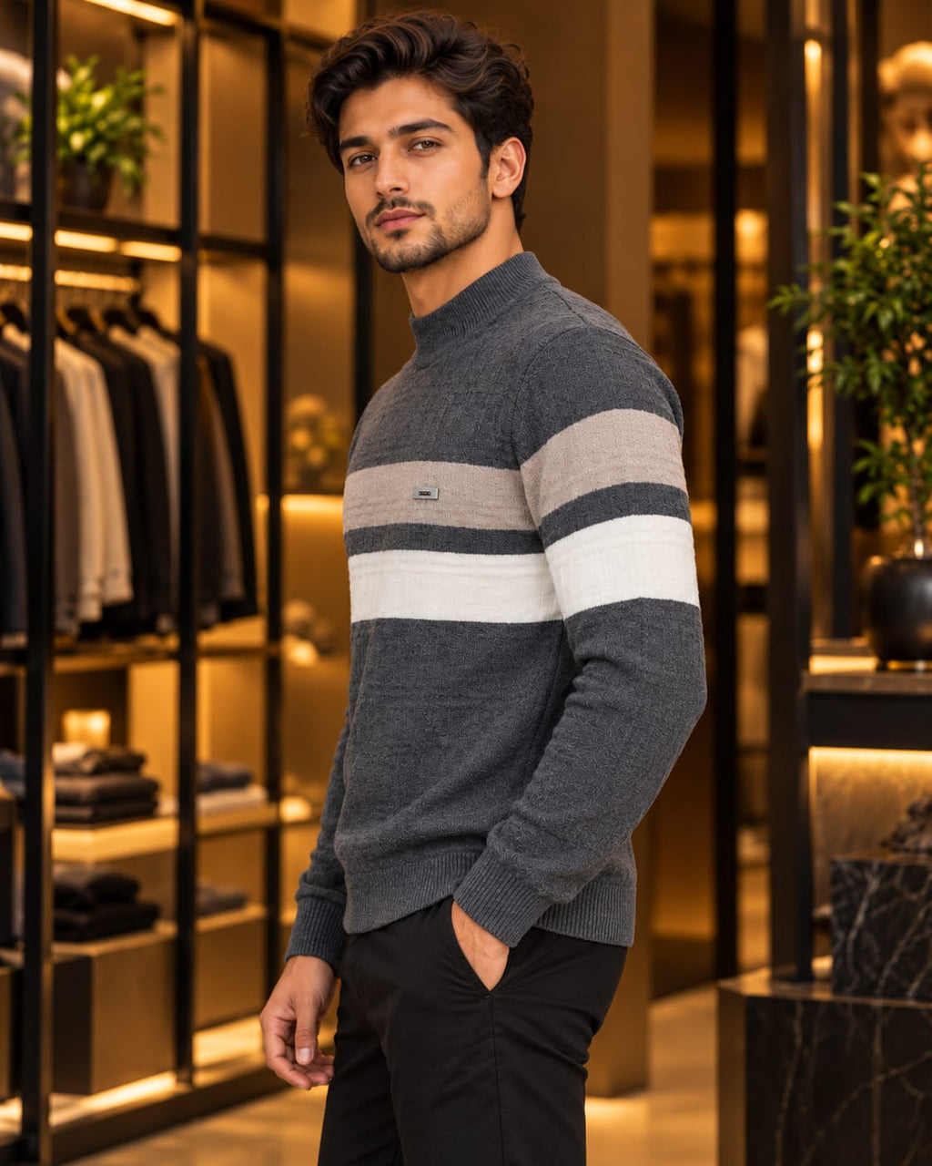 Men’s Mock Neck Color-Block Stripe Knit Sweater