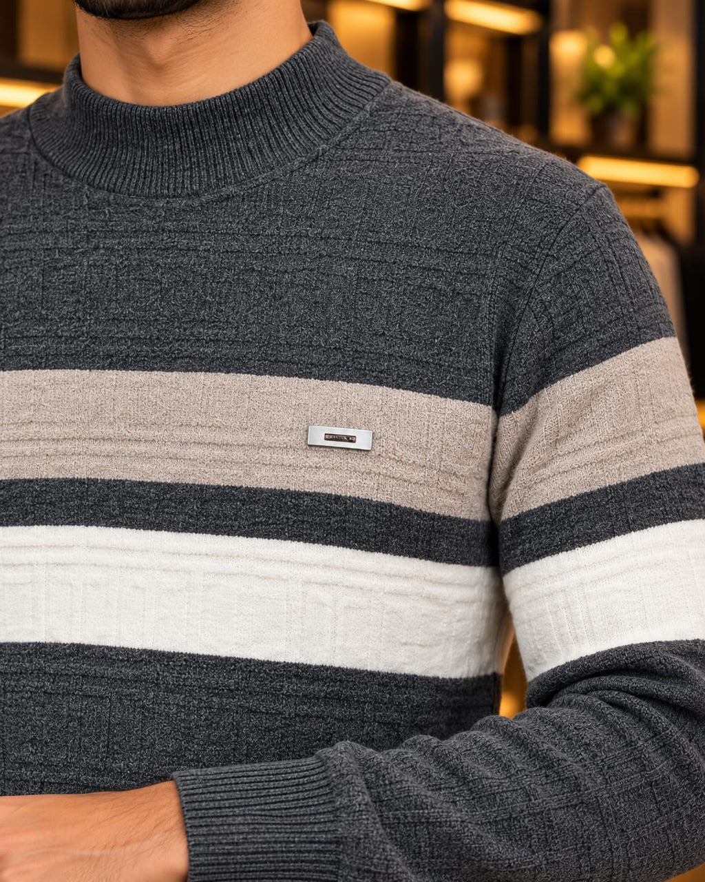 Men’s Mock Neck Color-Block Stripe Knit Sweater