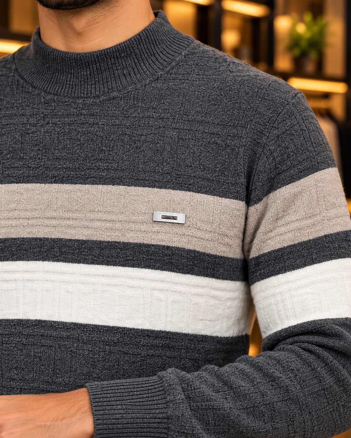 Men’s Mock Neck Color-Block Stripe Knit Sweater