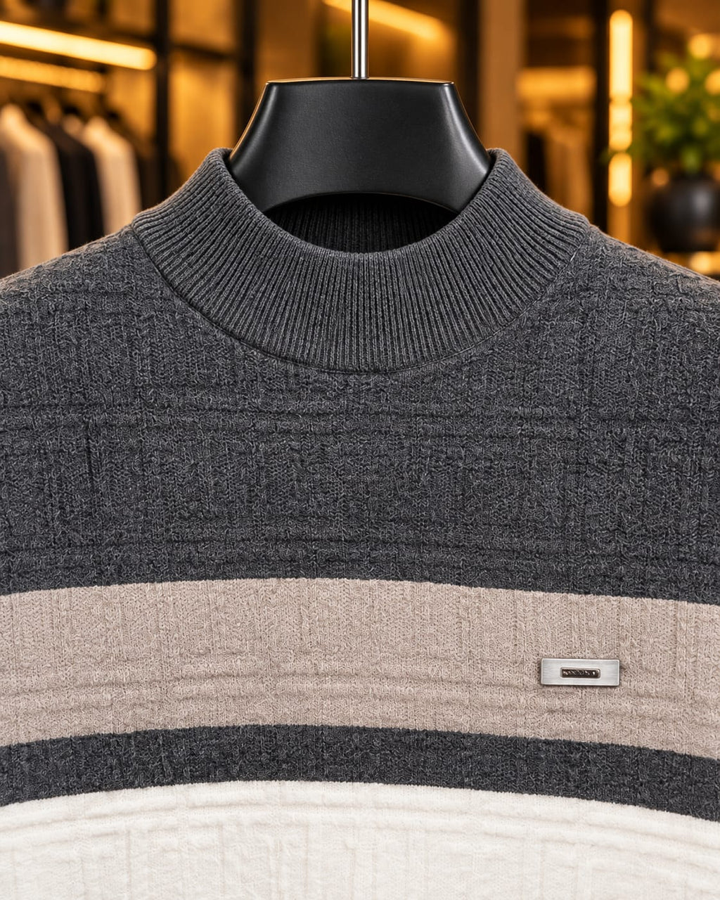 Men’s Mock Neck Color-Block Stripe Knit Sweater