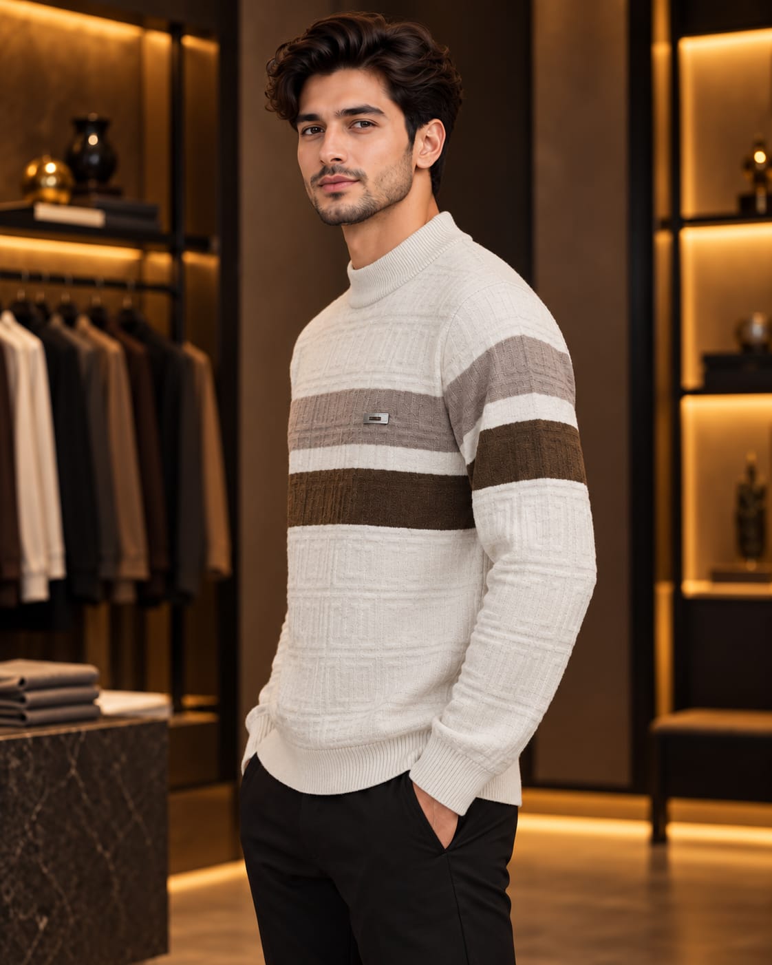 Men’s Mock Neck Color-Block Stripe Knit Sweater