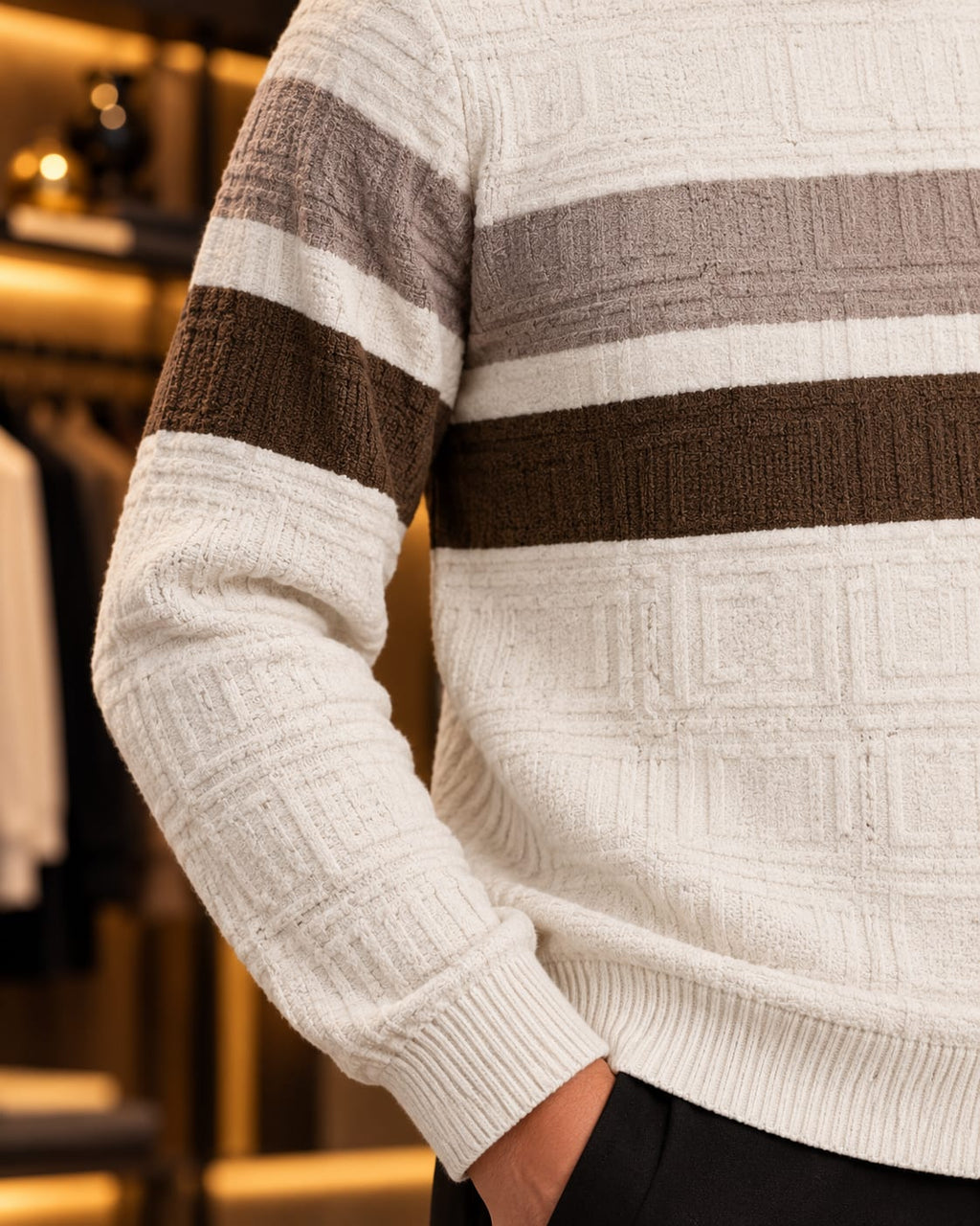 Men’s Mock Neck Color-Block Stripe Knit Sweater