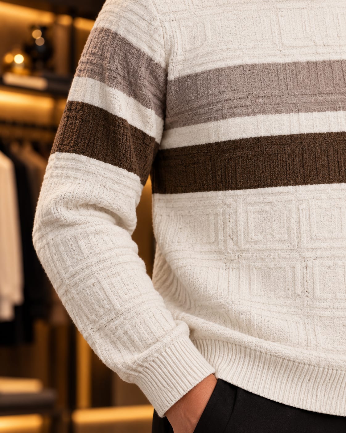 Men’s Mock Neck Color-Block Stripe Knit Sweater