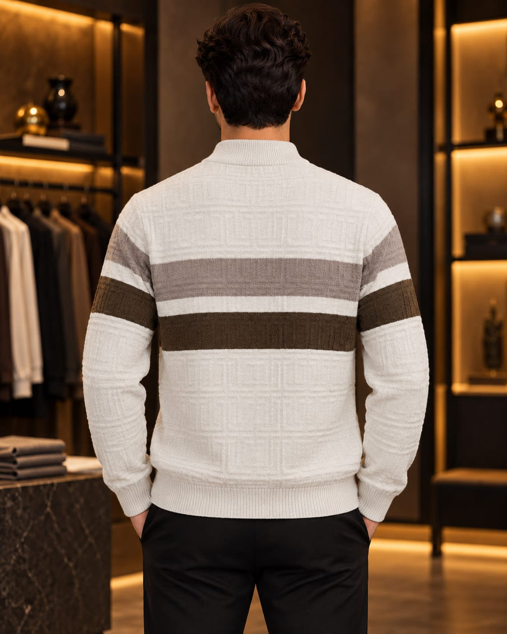Men’s Mock Neck Color-Block Stripe Knit Sweater