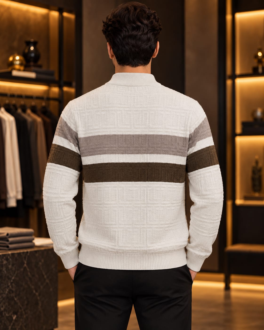 Men’s Mock Neck Color-Block Stripe Knit Sweater