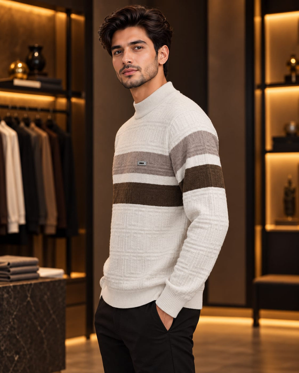Men’s Mock Neck Color-Block Stripe Knit Sweater