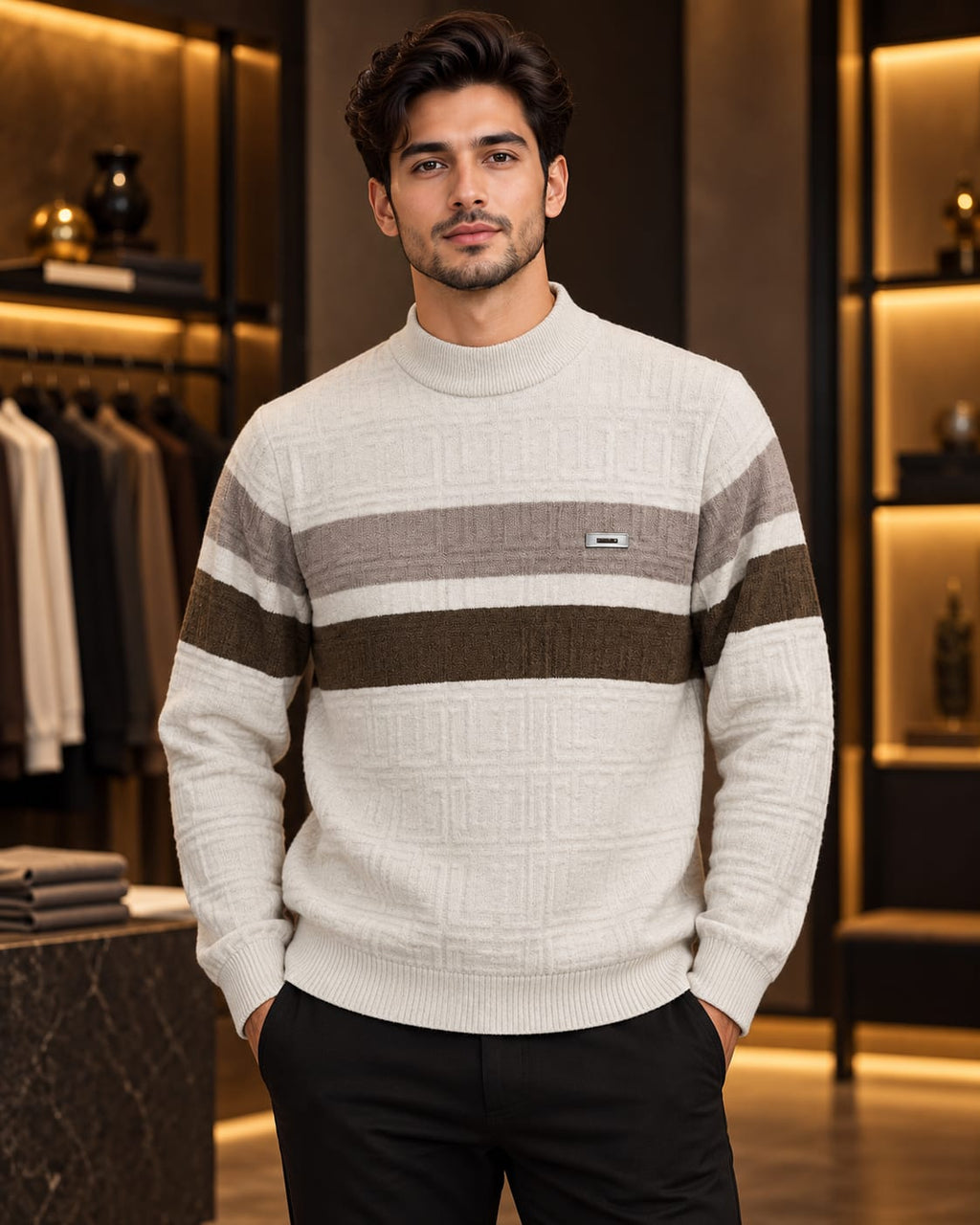 Men’s Mock Neck Color-Block Stripe Knit Sweater