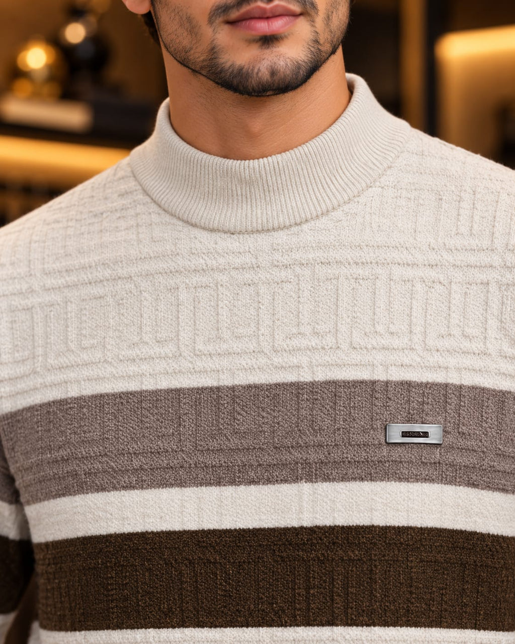 Men’s Mock Neck Color-Block Stripe Knit Sweater
