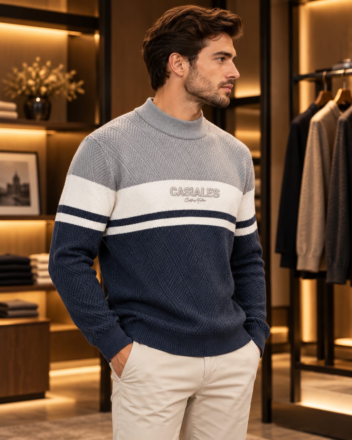 Men’s Textured Color-Block Mock Neck Knit Sweater