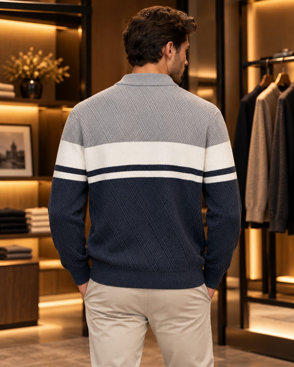 Men’s Textured Color-Block Mock Neck Knit Sweater