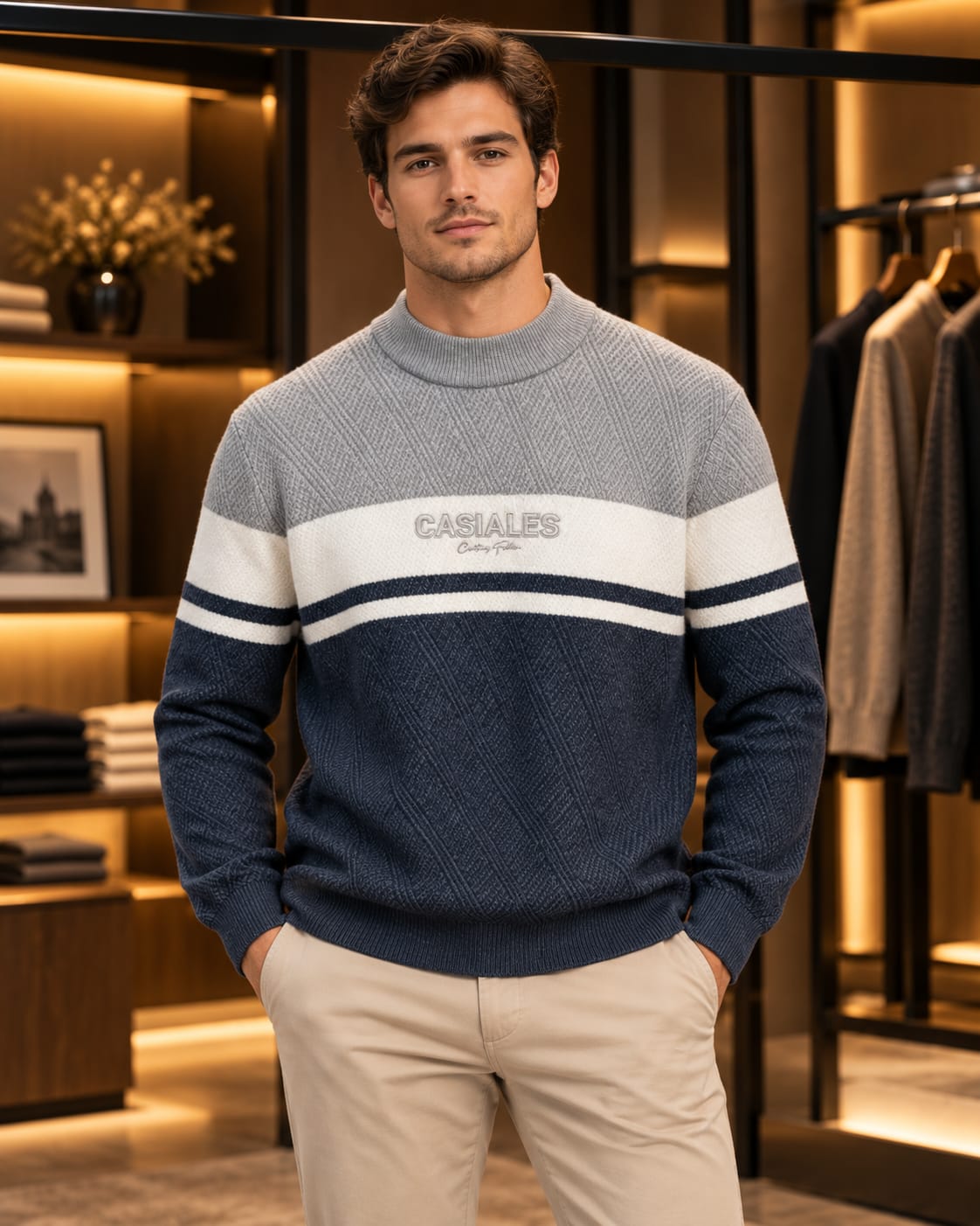 Men’s Textured Color-Block Mock Neck Knit Sweater