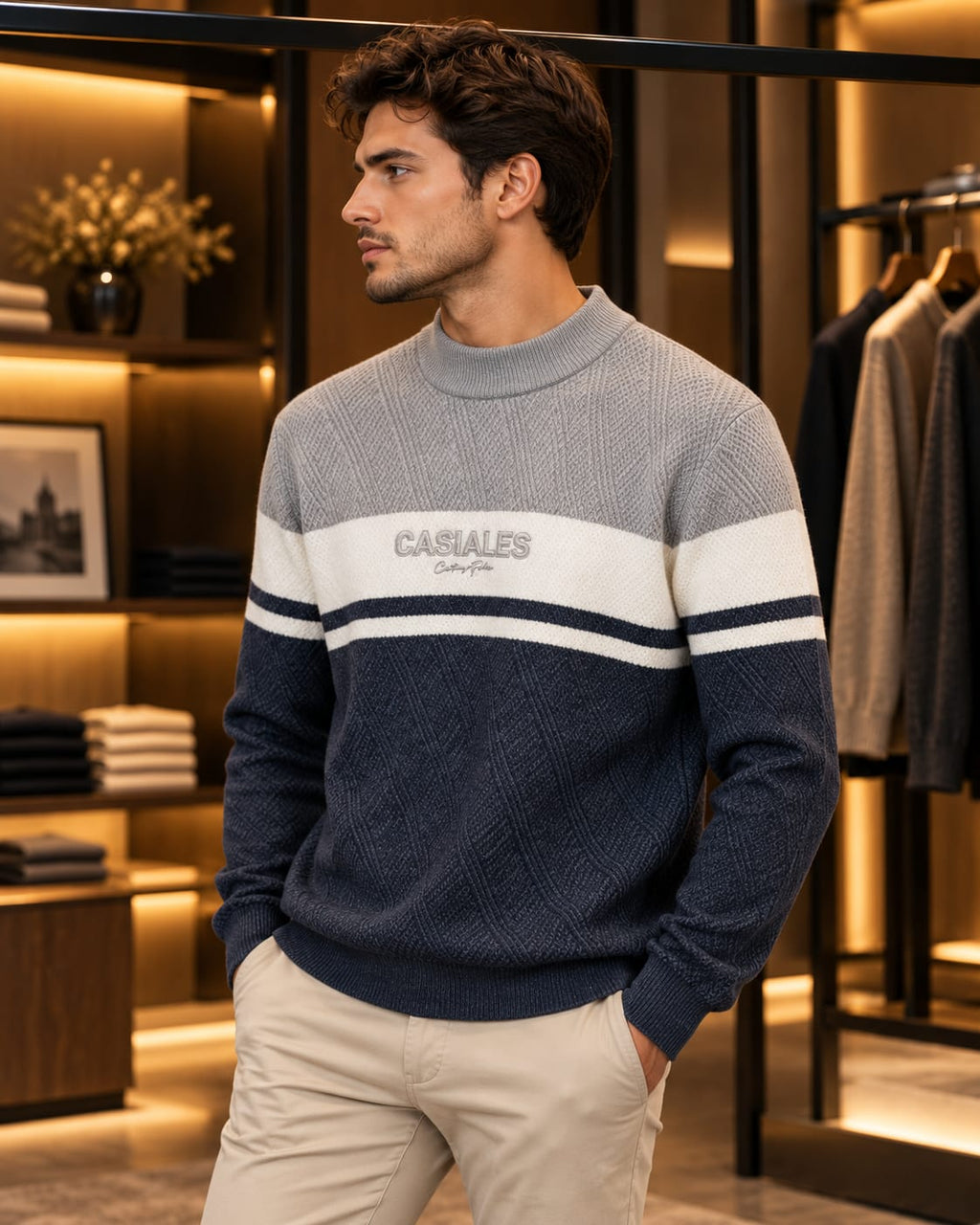 Men’s Textured Color-Block Mock Neck Knit Sweater