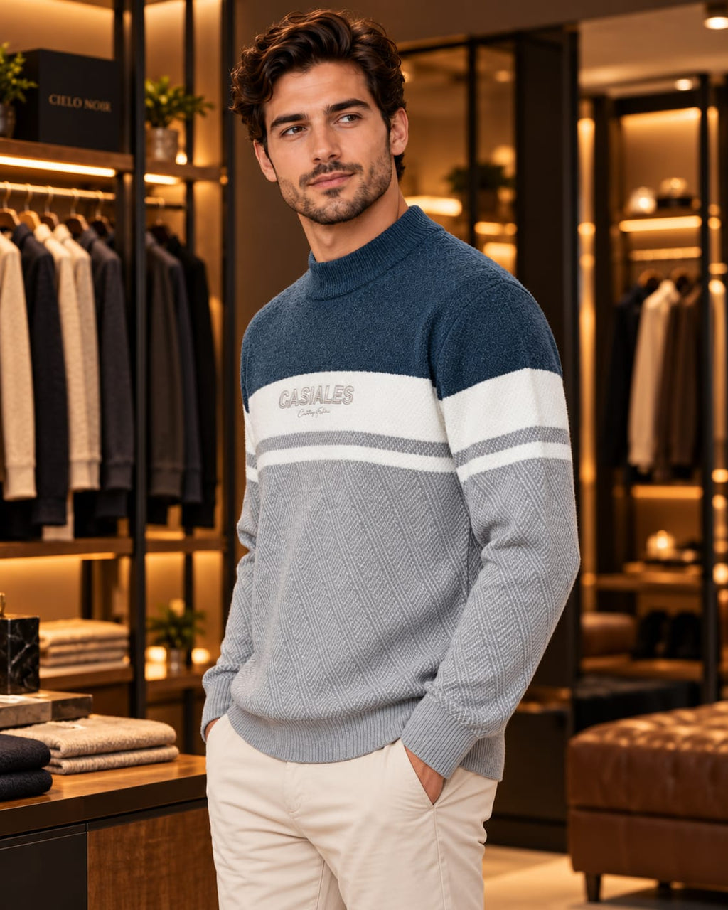 Men’s Textured Color-Block Mock Neck Knit Sweater