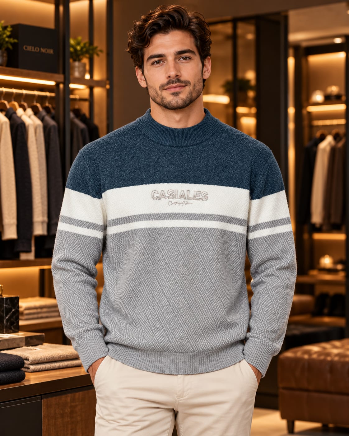 Men’s Textured Color-Block Mock Neck Knit Sweater