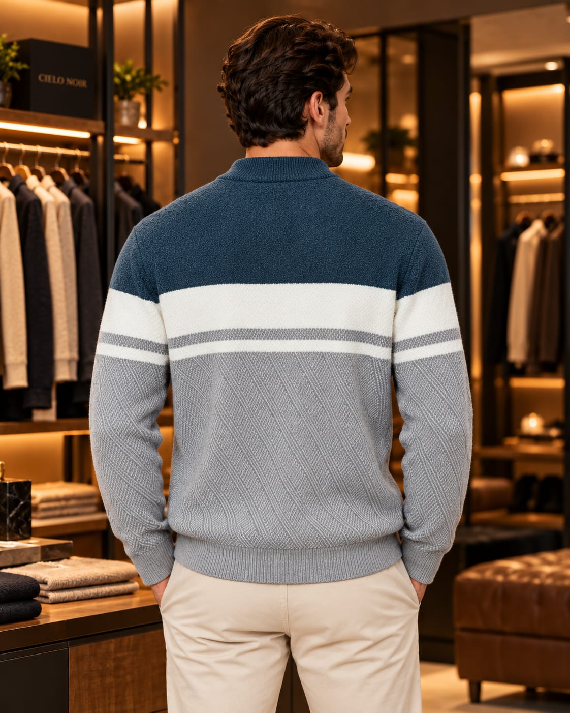 Men’s Textured Color-Block Mock Neck Knit Sweater