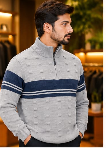Men’s Textured Half-Zip Stripe Knit Sweater