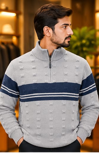 Men’s Textured Half-Zip Stripe Knit Sweater