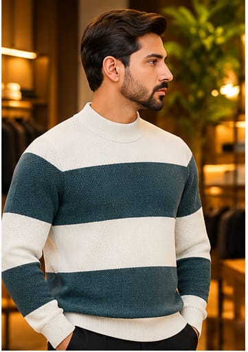 Men’s Textured Block Stripe Crew Neck Knit Sweater