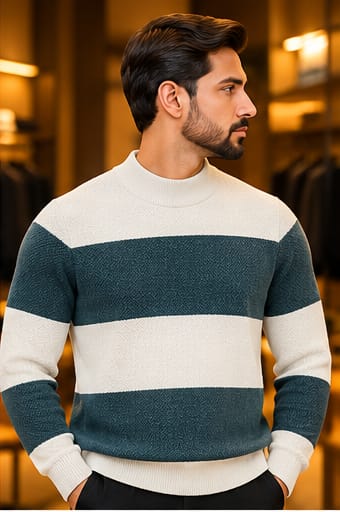 Men’s Textured Block Stripe Crew Neck Knit Sweater