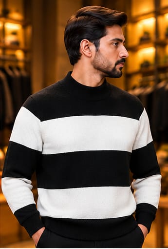 Men’s Textured Block Stripe Crew Neck Knit Sweater