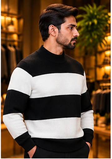 Men’s Textured Block Stripe Crew Neck Knit Sweater