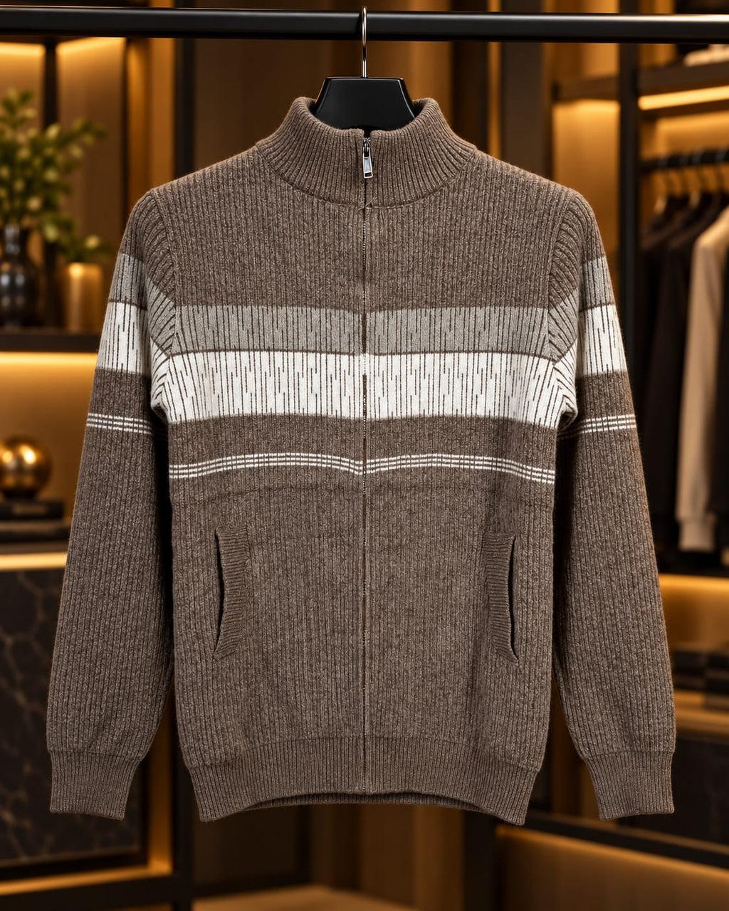 Men’s Full-Zip Mock Neck Stripe Knit Jacket