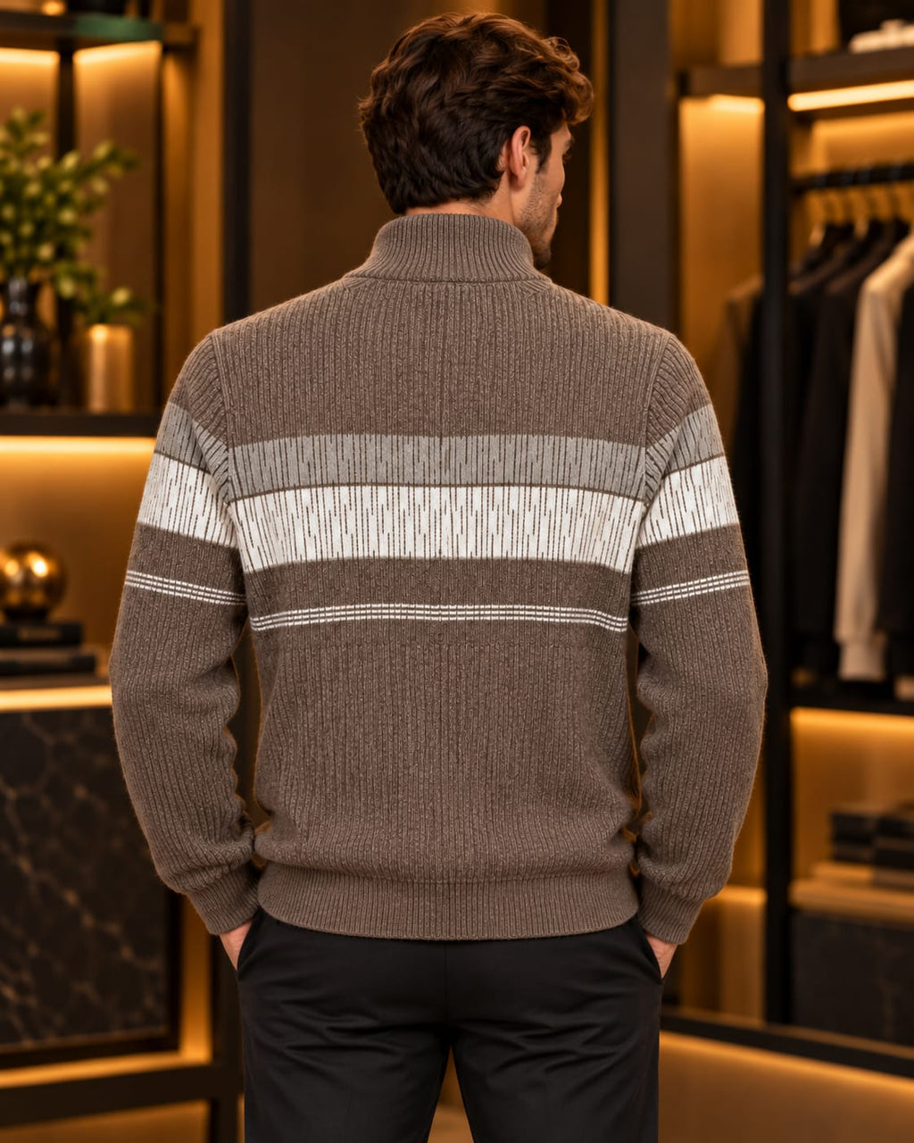 Men’s Full-Zip Mock Neck Stripe Knit Jacket