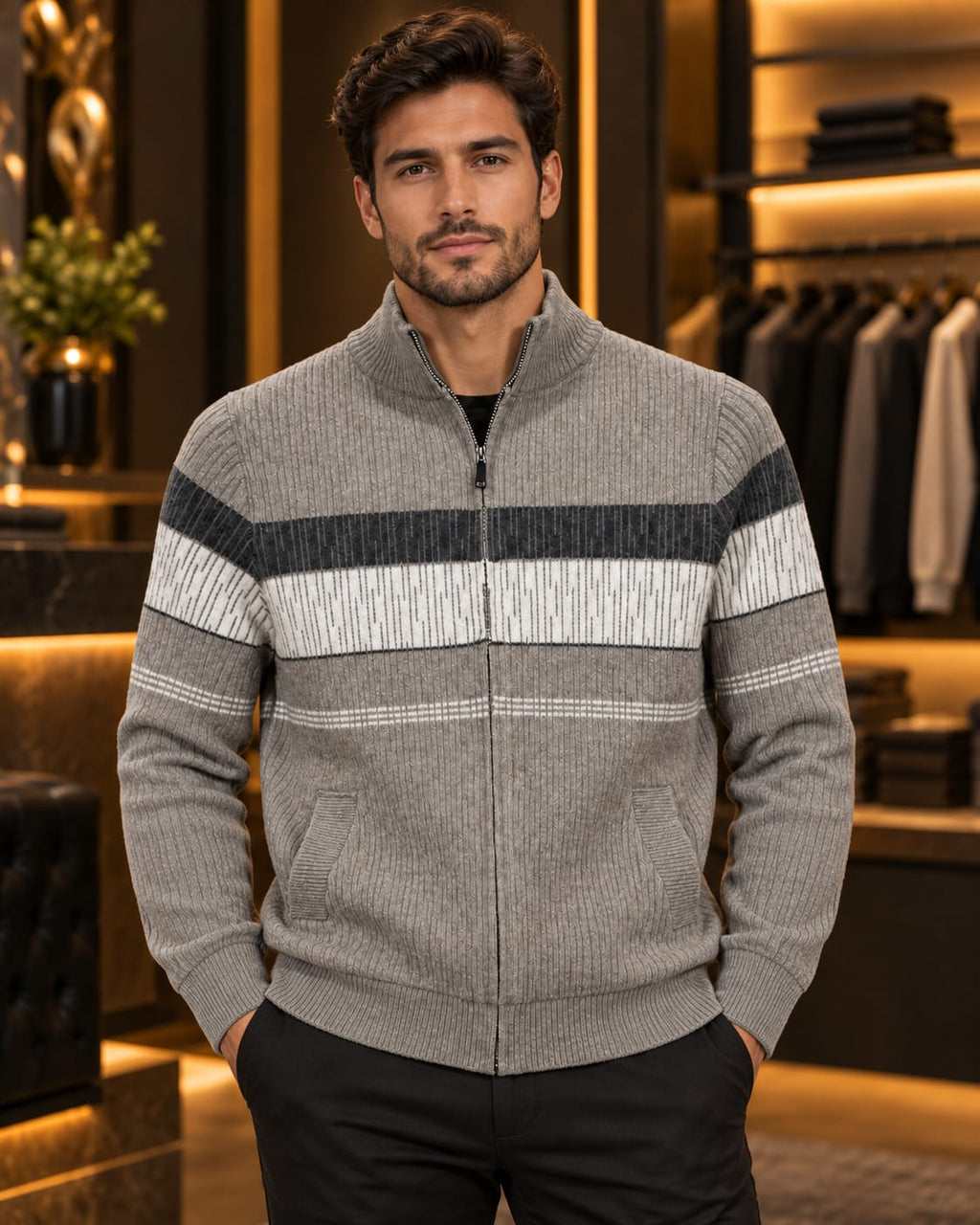 Men’s Full-Zip Mock Neck Stripe Knit Jacket