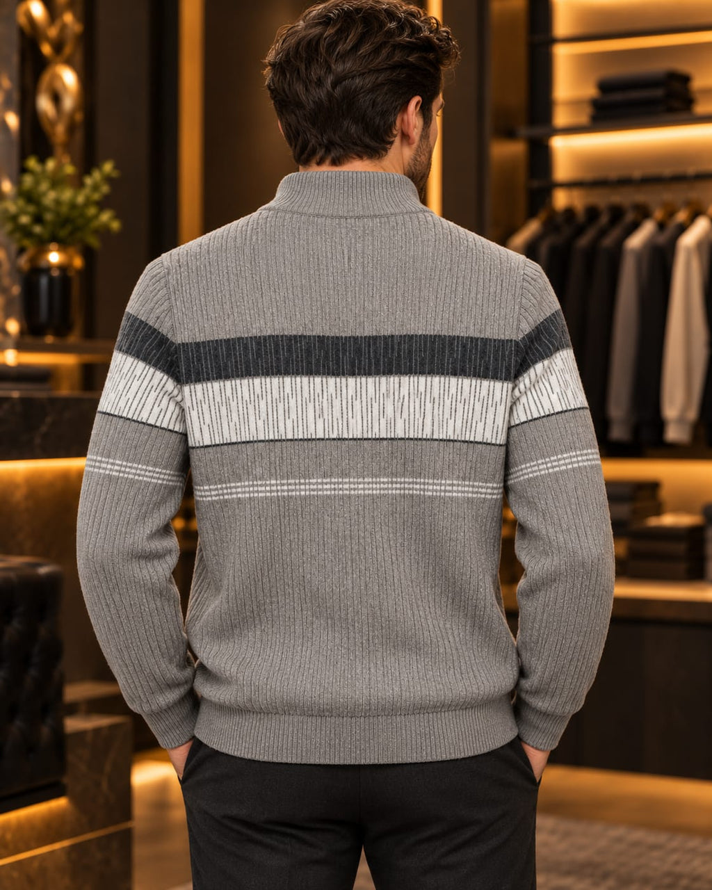 Men’s Full-Zip Mock Neck Stripe Knit Jacket