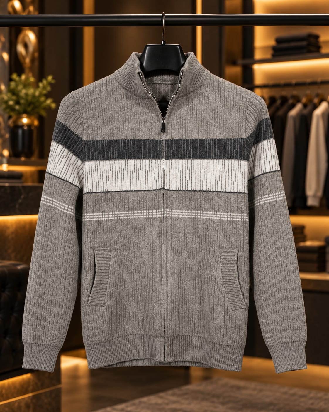 Men’s Full-Zip Mock Neck Stripe Knit Jacket