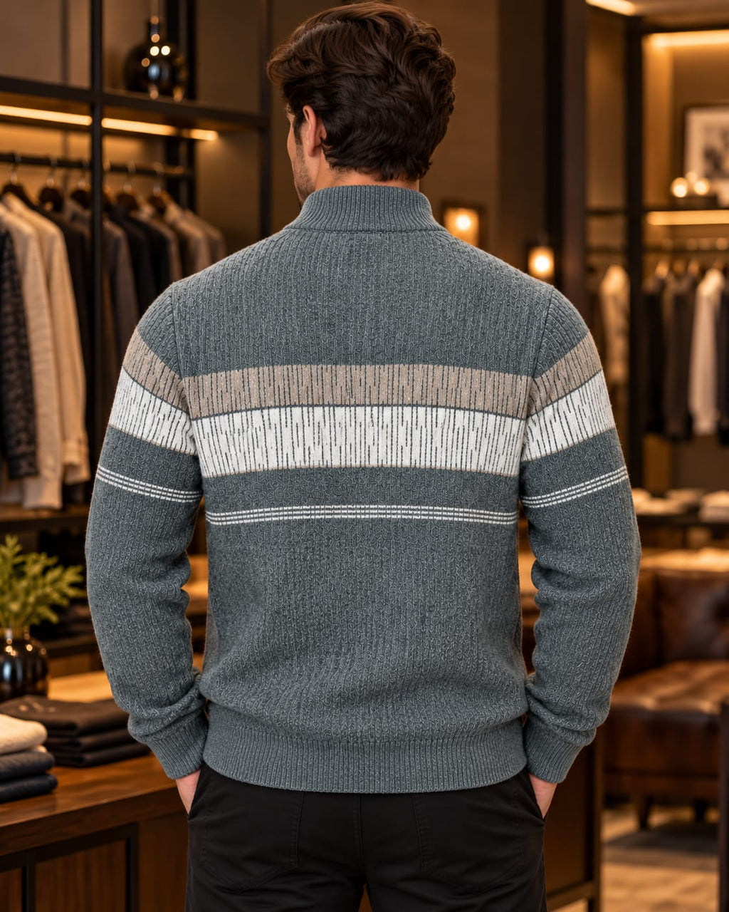 Men’s Full-Zip Mock Neck Stripe Knit Jacket