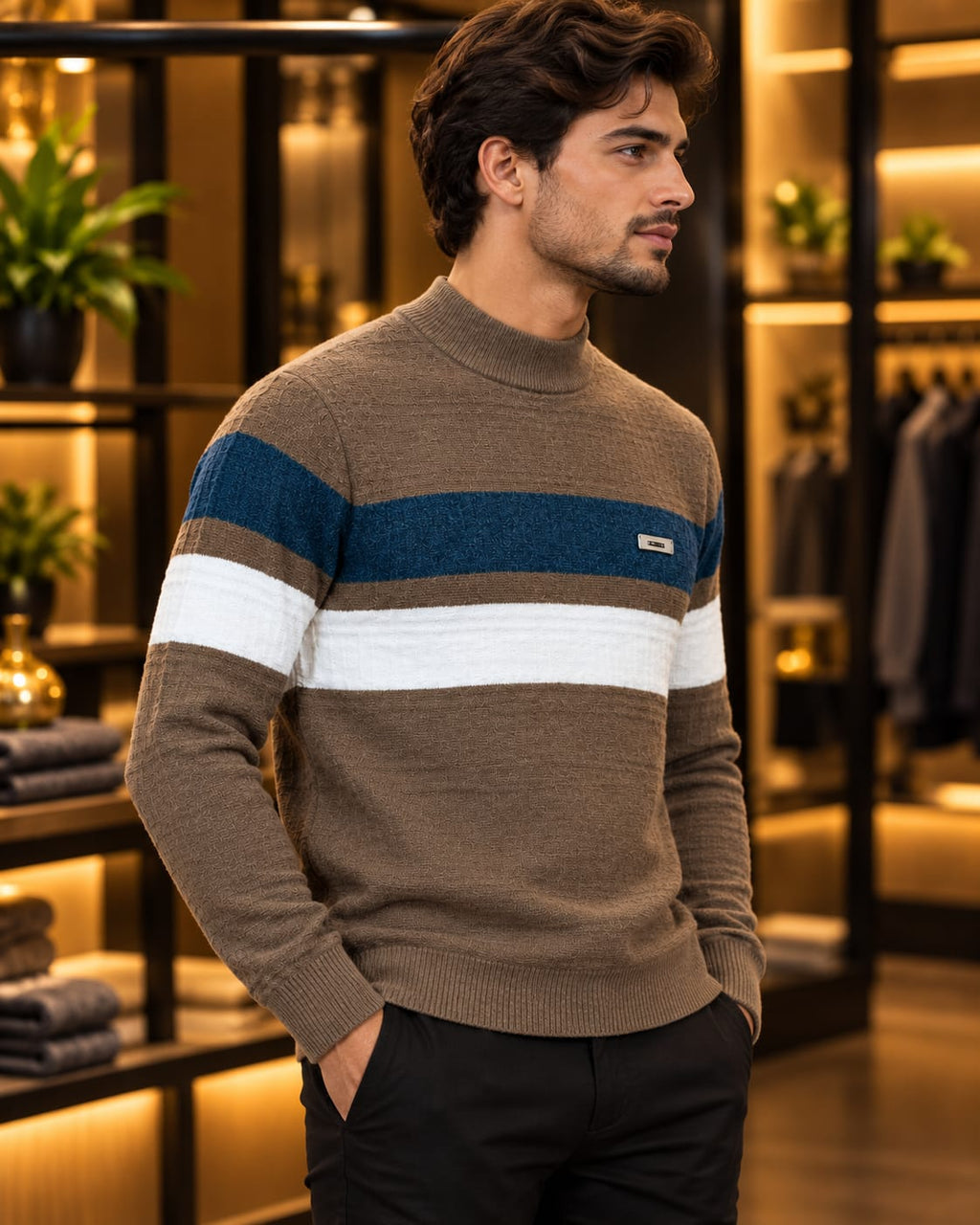Men’s Mock Neck Color-Block Stripe Knit Sweater