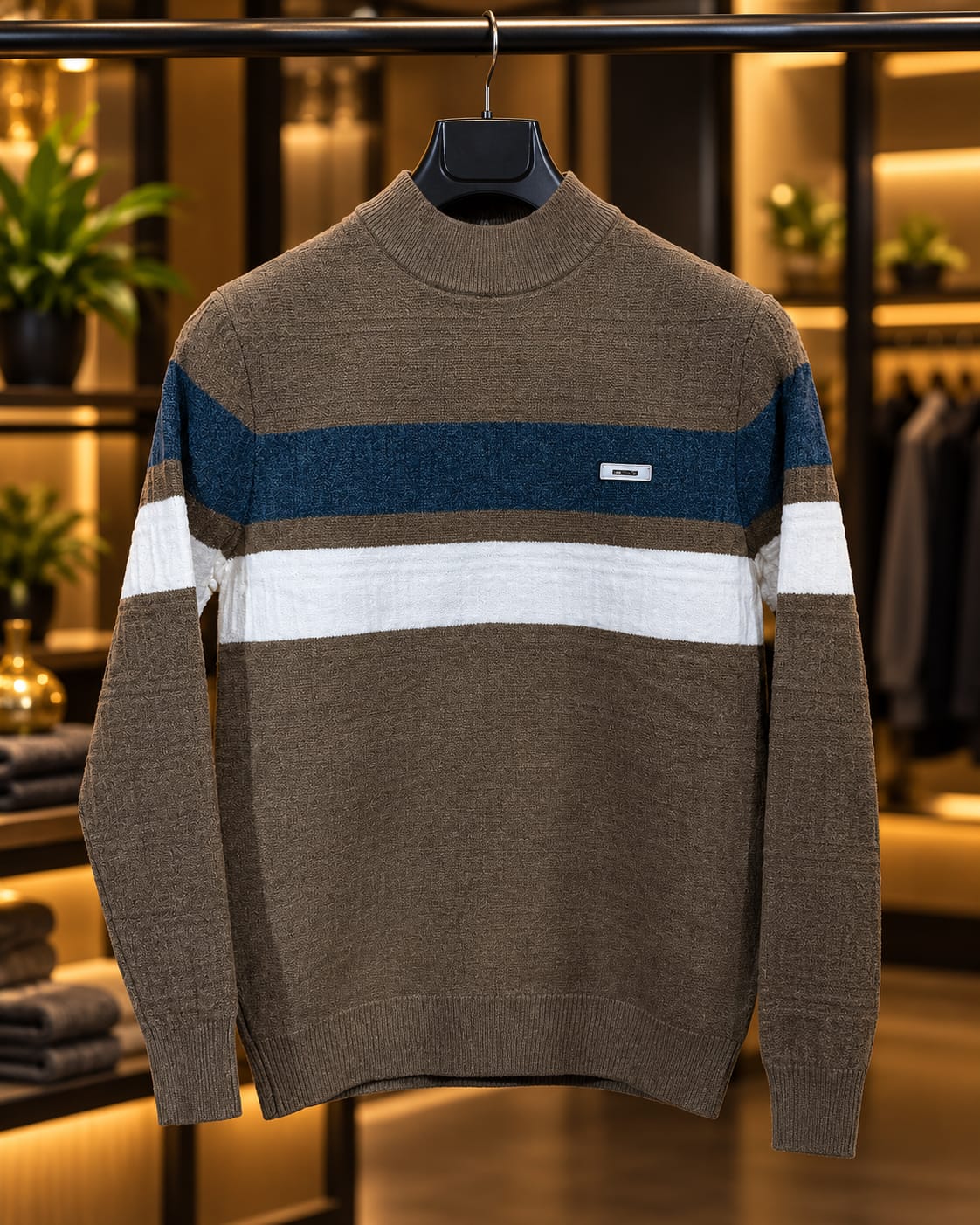 Men’s Mock Neck Color-Block Stripe Knit Sweater – Cielo Noir
