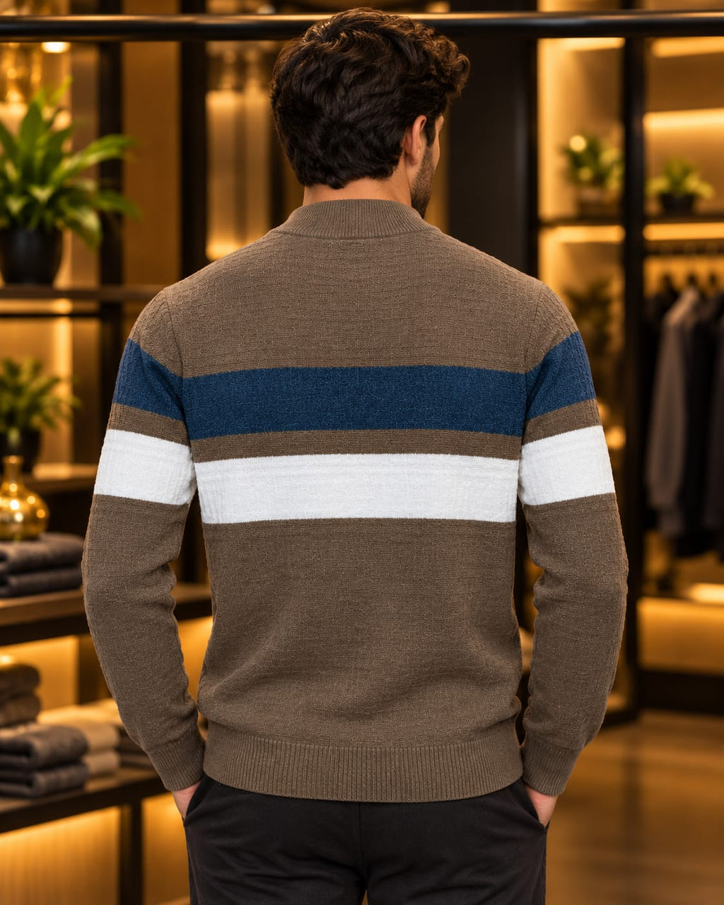 Men’s Mock Neck Color-Block Stripe Knit Sweater