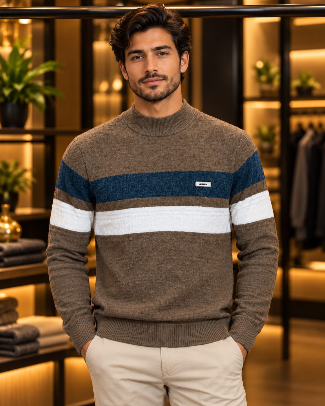 Men’s Mock Neck Color-Block Stripe Knit Sweater