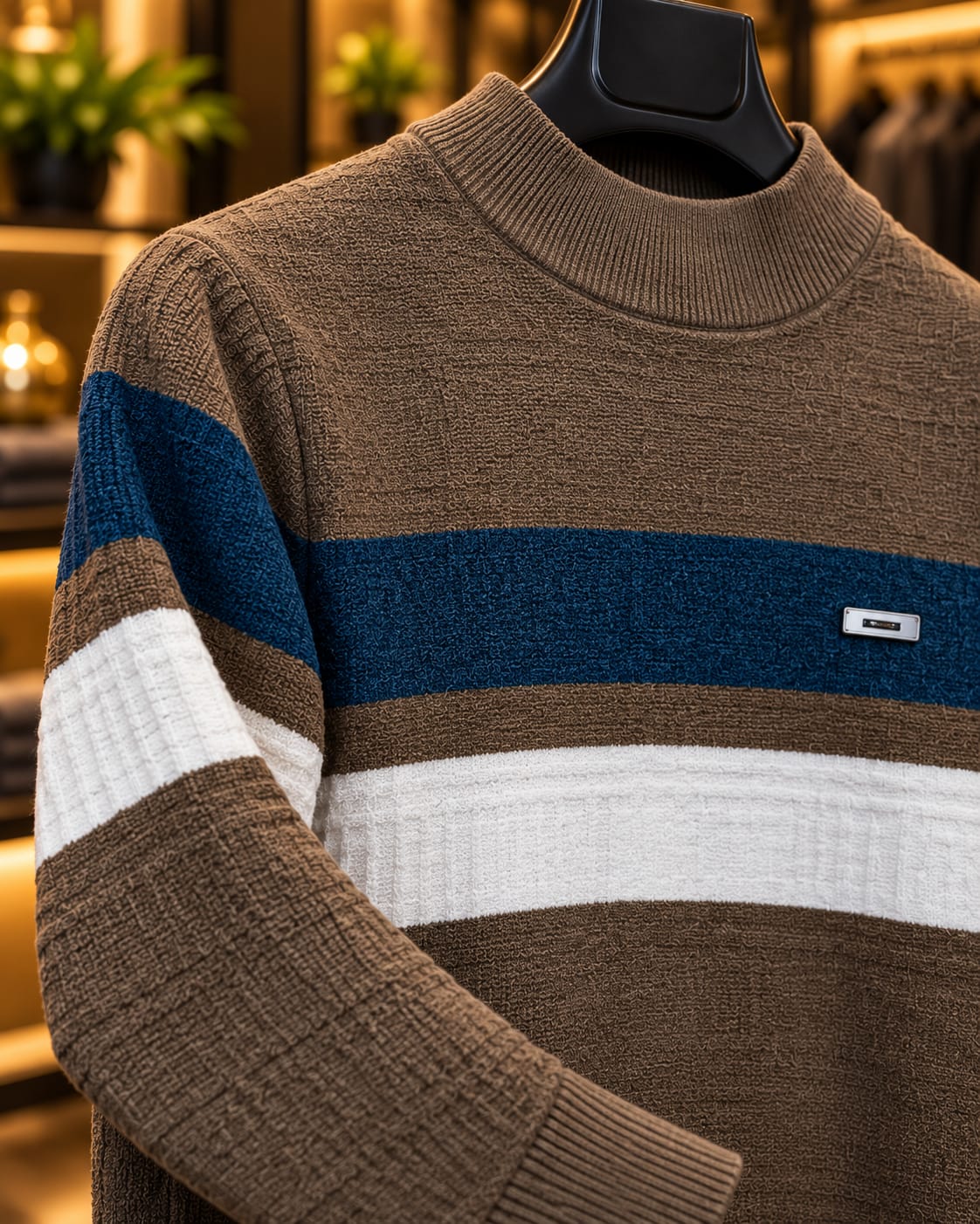 Men’s Mock Neck Color-Block Stripe Knit Sweater