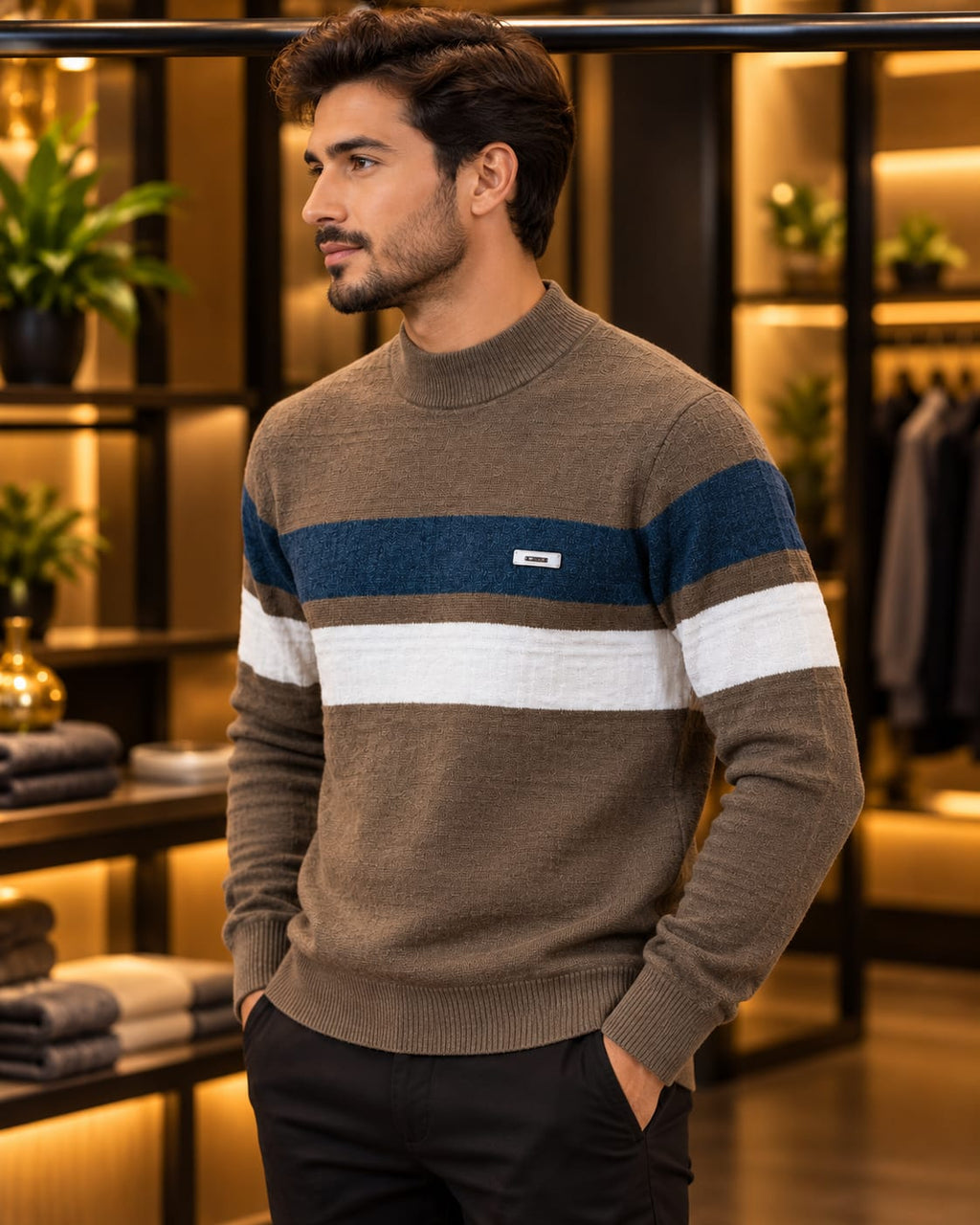 Men’s Mock Neck Color-Block Stripe Knit Sweater