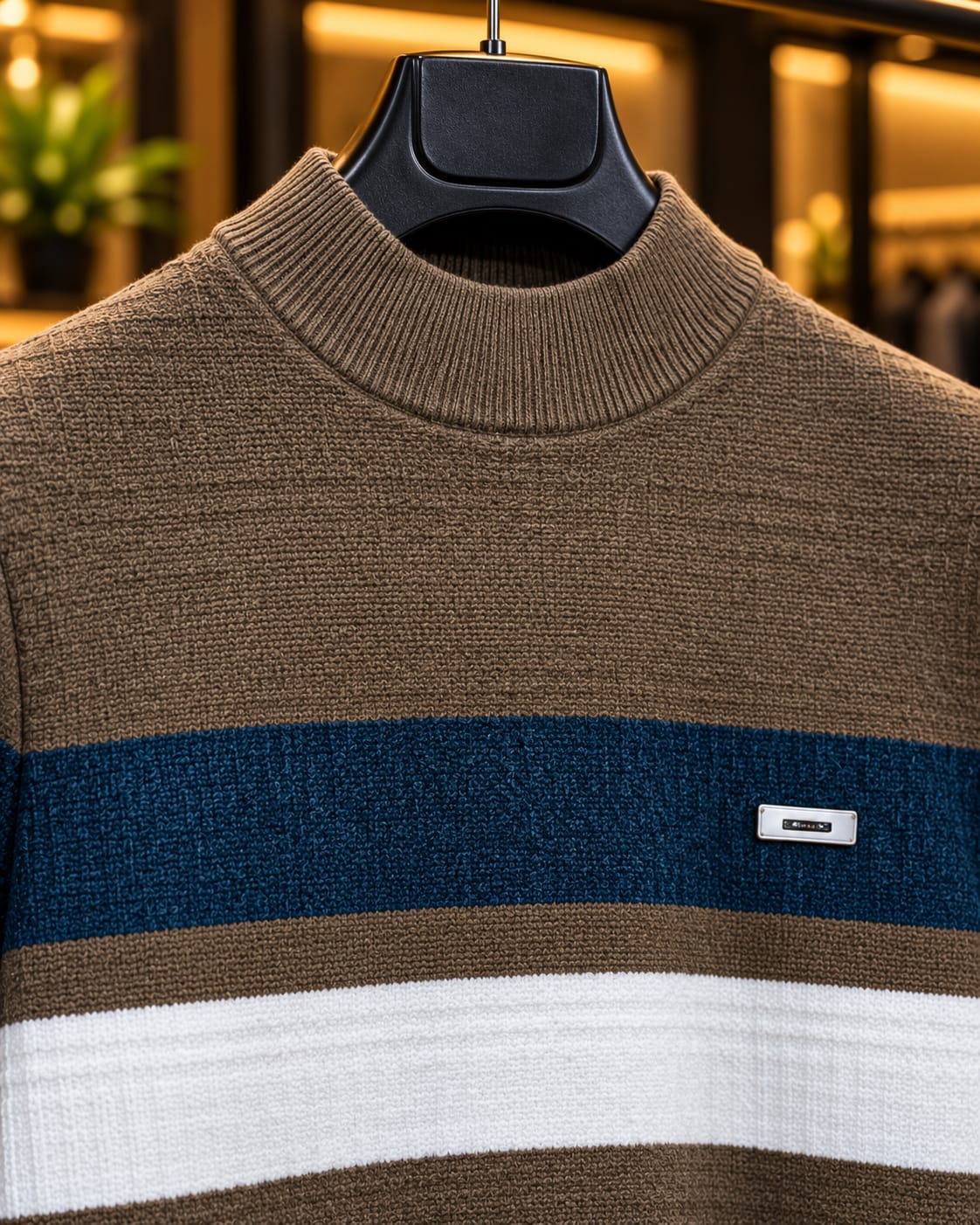 Men’s Mock Neck Color-Block Stripe Knit Sweater