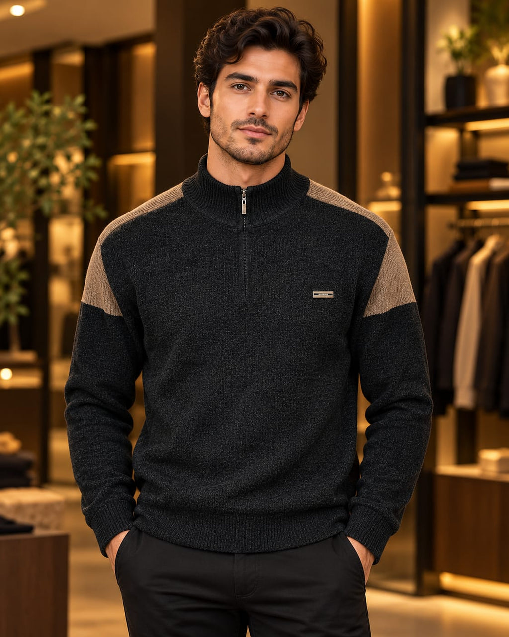 Men’s Quarter-Zip Mock Neck Color-Block Sweater