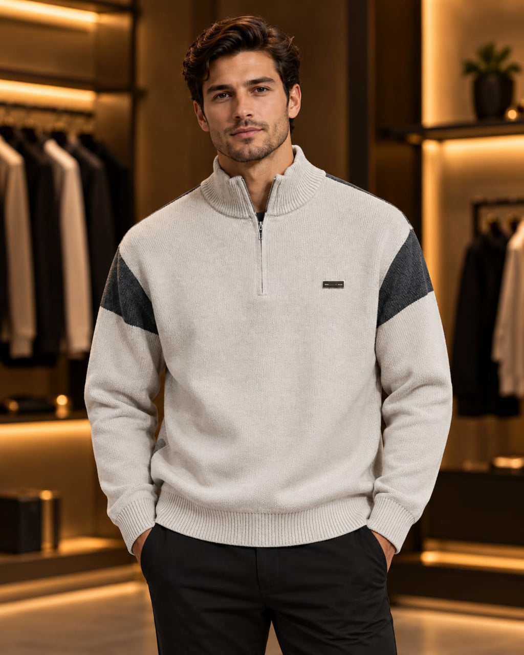 Men’s Quarter-Zip Mock Neck Color-Block Sweater