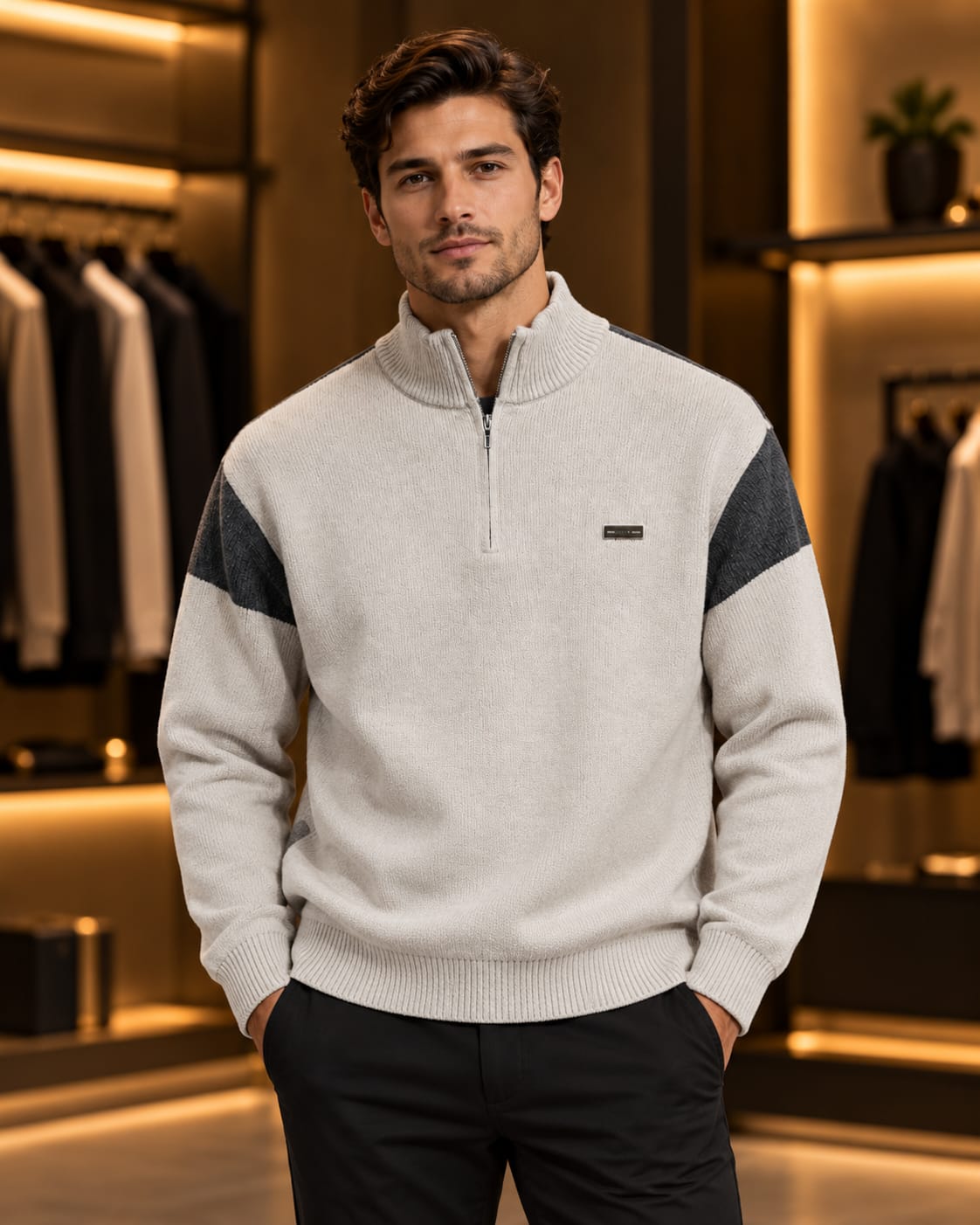 Men’s Quarter-Zip Mock Neck Color-Block Sweater