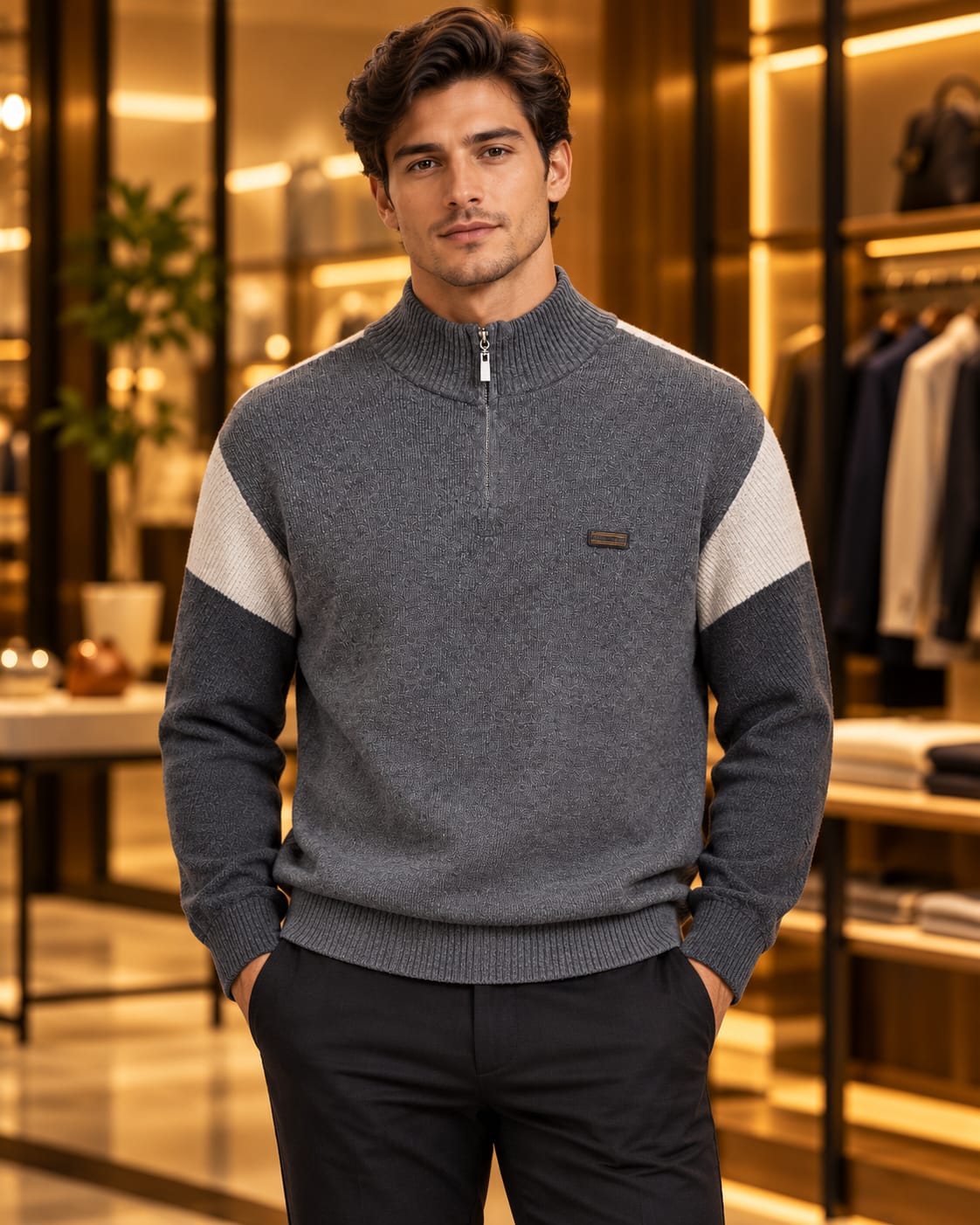 Men’s Quarter-Zip Mock Neck Color-Block Sweater
